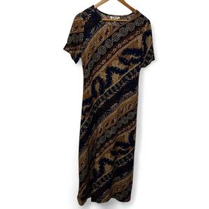 VTG Teddi Brown and Navy Patterned Short Sleeve Maxi Dress Boho Tribal 90s